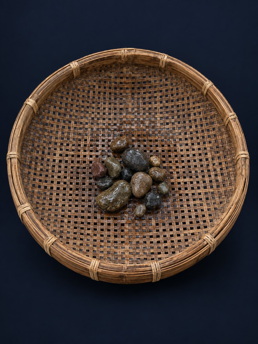 宝石採掘に使う竹のザル